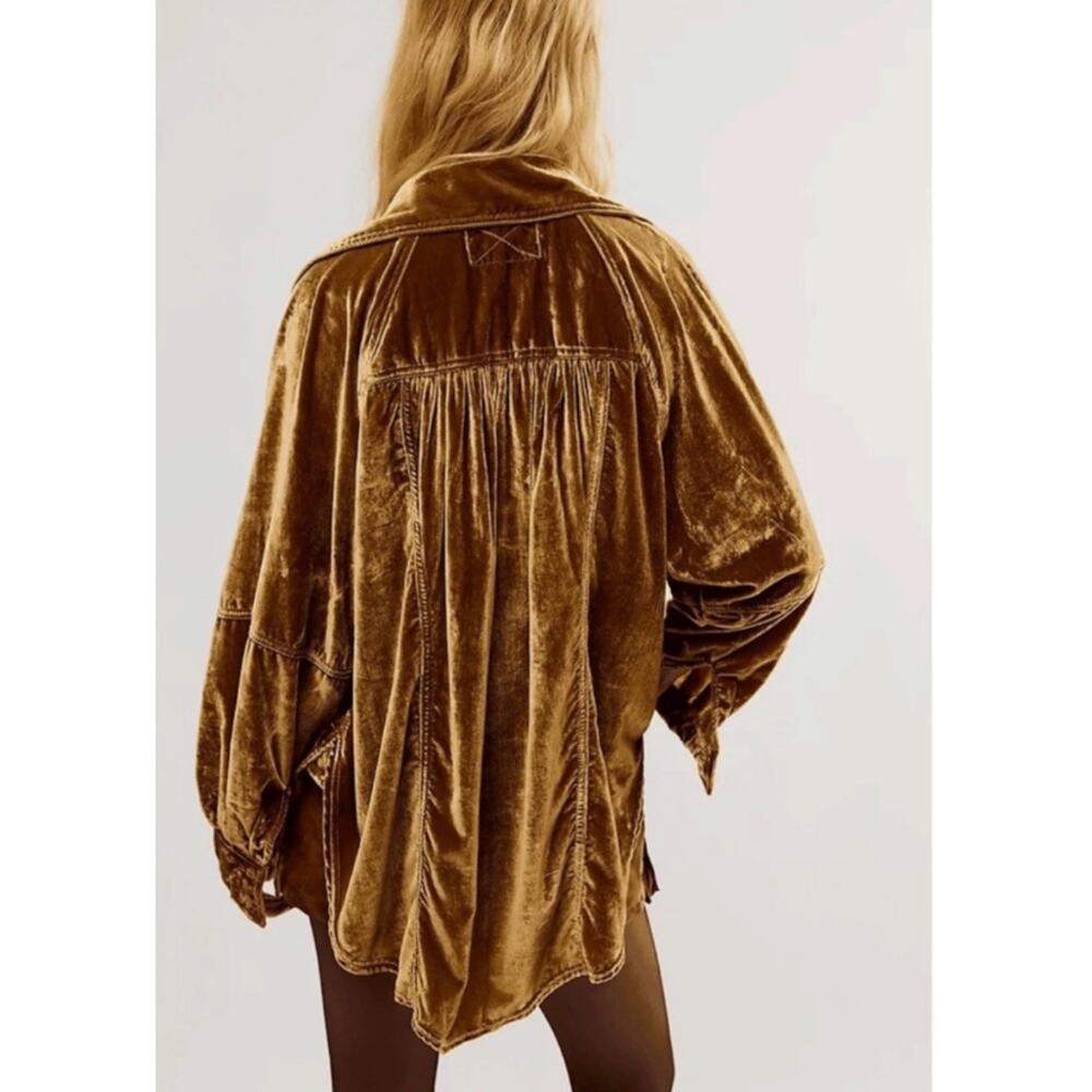 Free People Night Skies Velvet Top Golden Brown Size Medium Retro 70s Bohemian - Picture 2 of 13